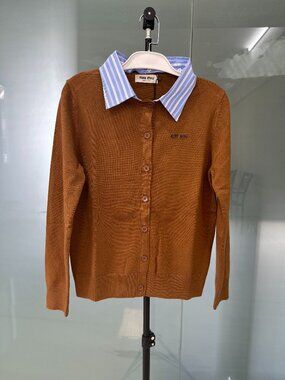 NWT Women's Brown Wool Miu Miu Cardigan with Blue Striped Collar Sz M